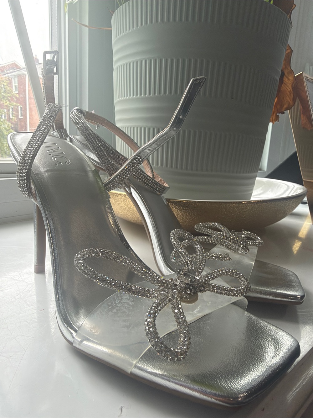 INC International Concepts Silver Rhinestone Bow High Heel Sandals